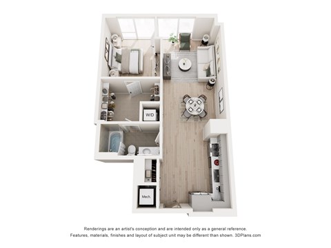 Floor plan for 1 bed, 1 bath, 782 sqft